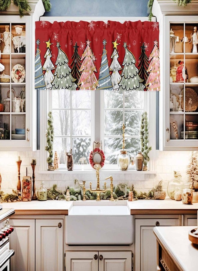 LooPoP Christmas Tree Valance for Windows Pine Tree Curtains Valances Snowflake Valance Window Treatments Red Short Curtains for Kitchen Living Room Bedroom Bathroom Xmas Holiday Decor 54x18 Inch - Image 2